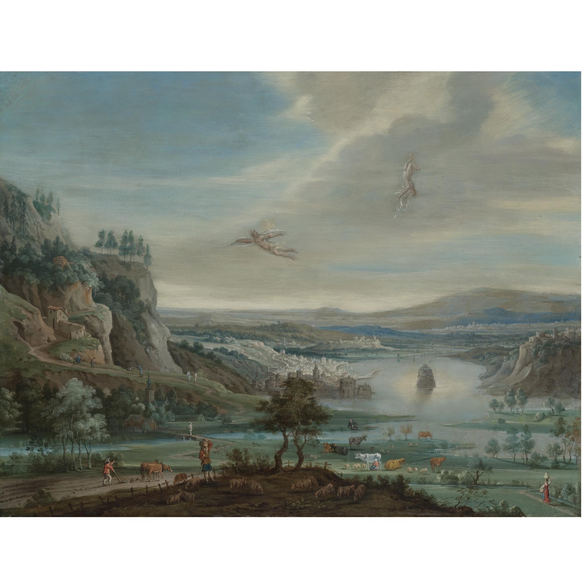 Pieter Gysels - An Extensive River Landscape With The Fall Of Icarus