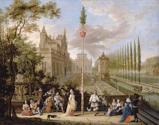 Pieter Gysels - Elegant company making music with a lady and a gentleman dancing around a maypole, a palace with an ornamental garden beyond