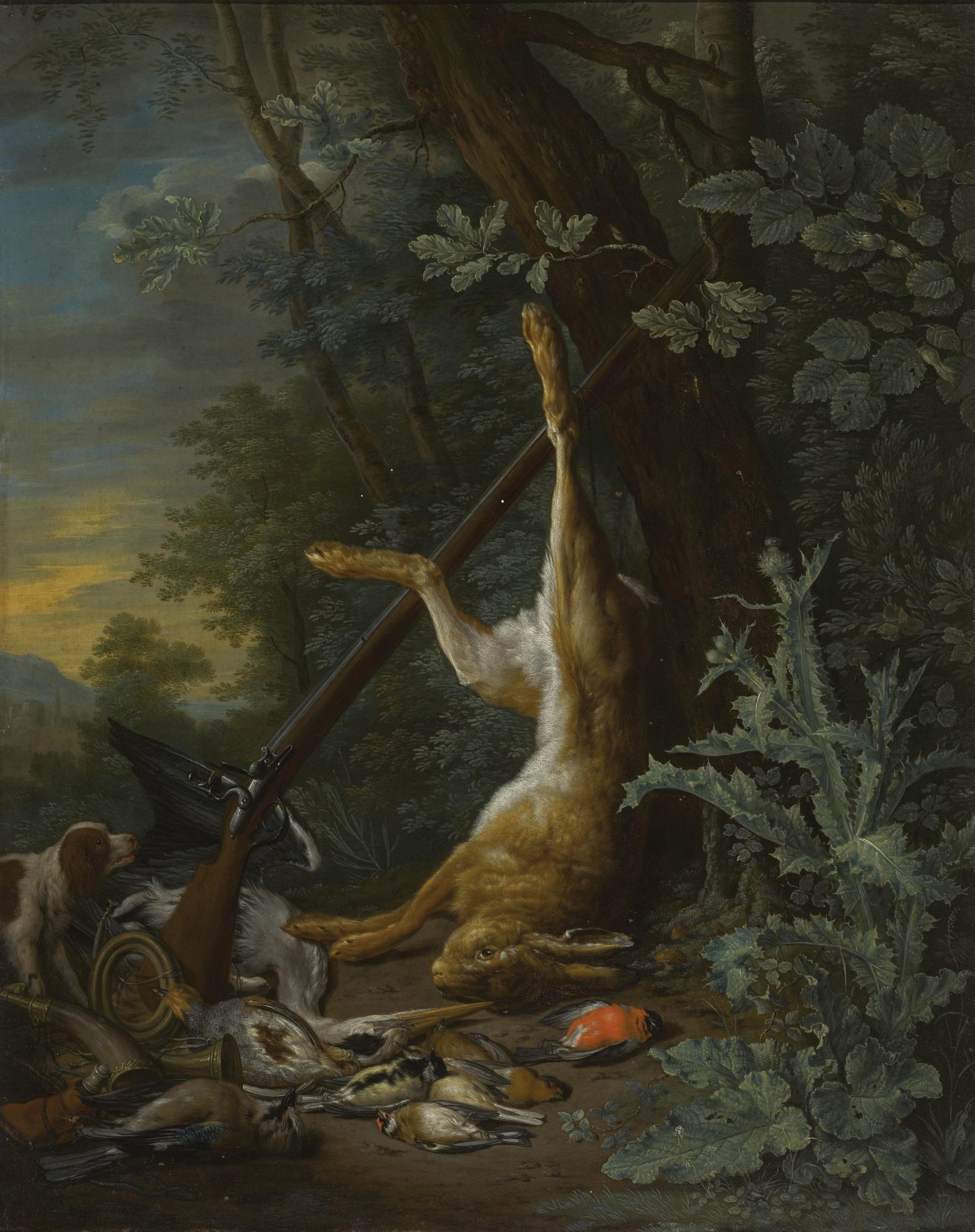 Pieter Gysels - Hunting Still Life With Dead Hare And Birds, And A Dog Keeping Watch