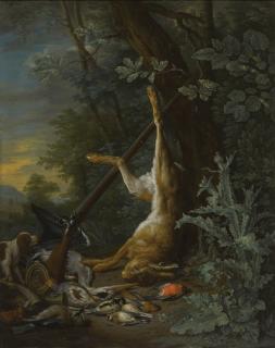Pieter Gysels - Hunting Still Life With Dead Hare And Birds, And A Dog Keeping Watch