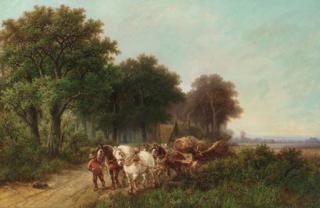 Pieter Hendrik Koekkoek - A woodlogger leading a four-in-hand