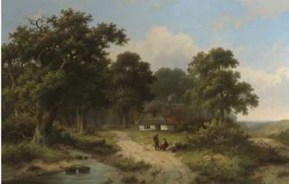 Pieter Hendrik Koekkoek - Peasants resting by a stream at the edge of a forest