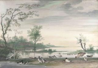 Pieter Holsteyn II - Herons, ducks and other waterfowl in a river landscape