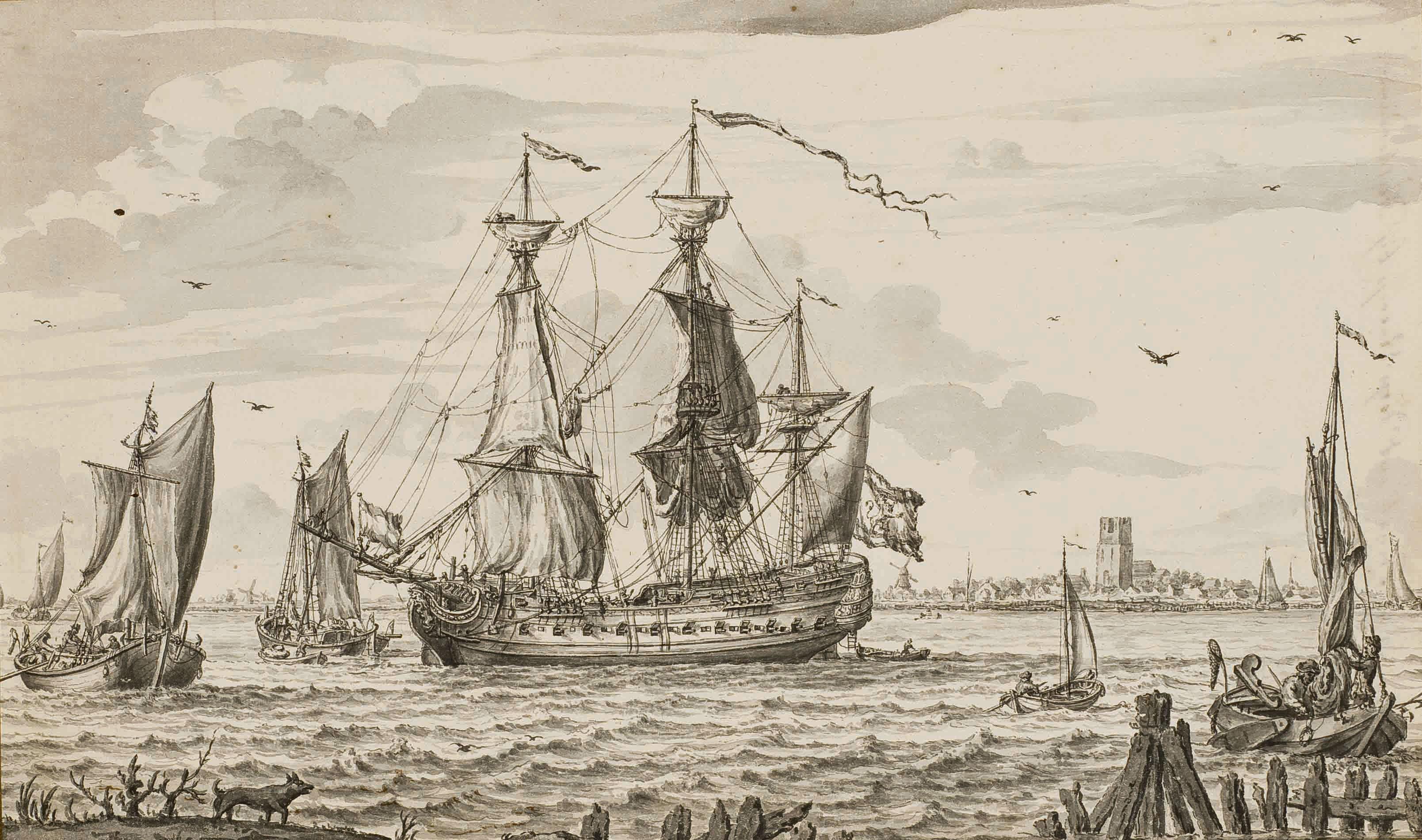 Pieter Idserts - Caravelle, Une Ville Hollandaise À L\'Arrière-Plan