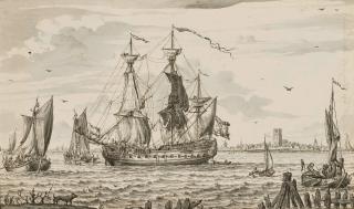 Pieter Idserts - Caravelle, Une Ville Hollandaise À L\'Arrière-Plan