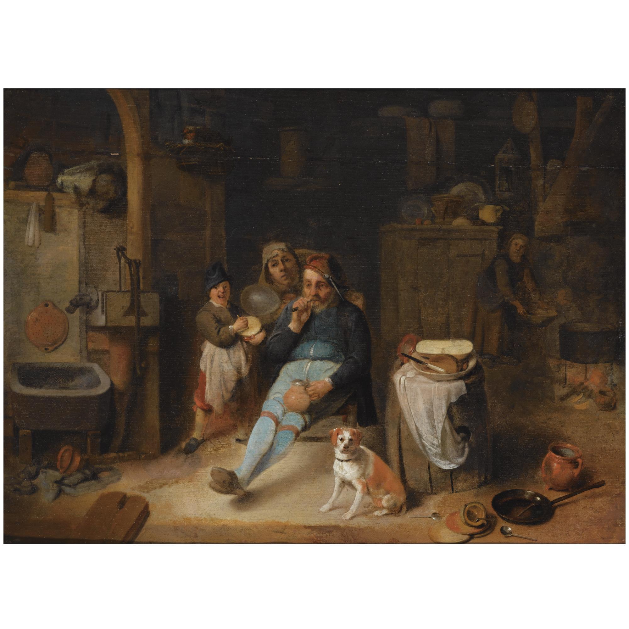 Pieter Jacobsz. Duyfhuysen - A Barn Interior With A Peasant Seated Holding A Jug, A Young Boy Holding A Rumbling-Pot, Other Figures, And A Dog Next To Kitchen Utensils In The Foreground