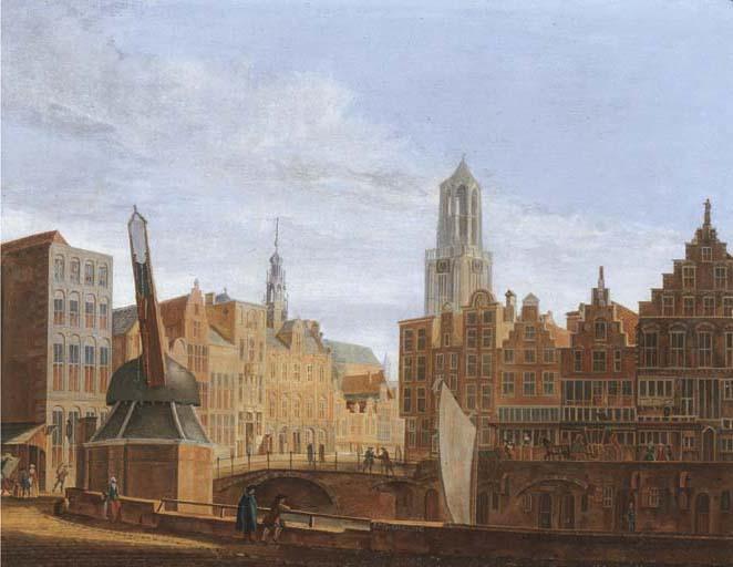 Pieter Jan Van Liender - The Stadhuisbrug, Utrecht, with house Lichtenberch and house Hasenberch on the left, the Oudegracht on the right, the vismarkt and the Domtoren in the background