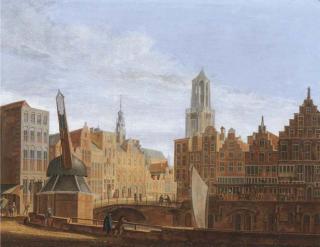 Pieter Jan Van Liender - The Stadhuisbrug, Utrecht, with house Lichtenberch and house Hasenberch on the left, the Oudegracht on the right, the vismarkt and the Domtoren in the background