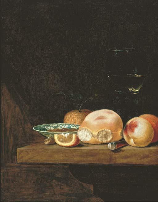 Pieter Janssens Elinga - A bread roll, peaches, an orange, a lemon segment, a porcelain dish with nuts, a knife and a roemer on a ledge