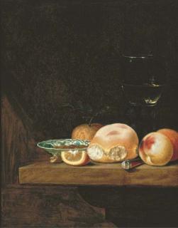 Pieter Janssens Elinga - A bread roll, peaches, an orange, a lemon segment, a porcelain dish with nuts, a knife and a roemer on a ledge