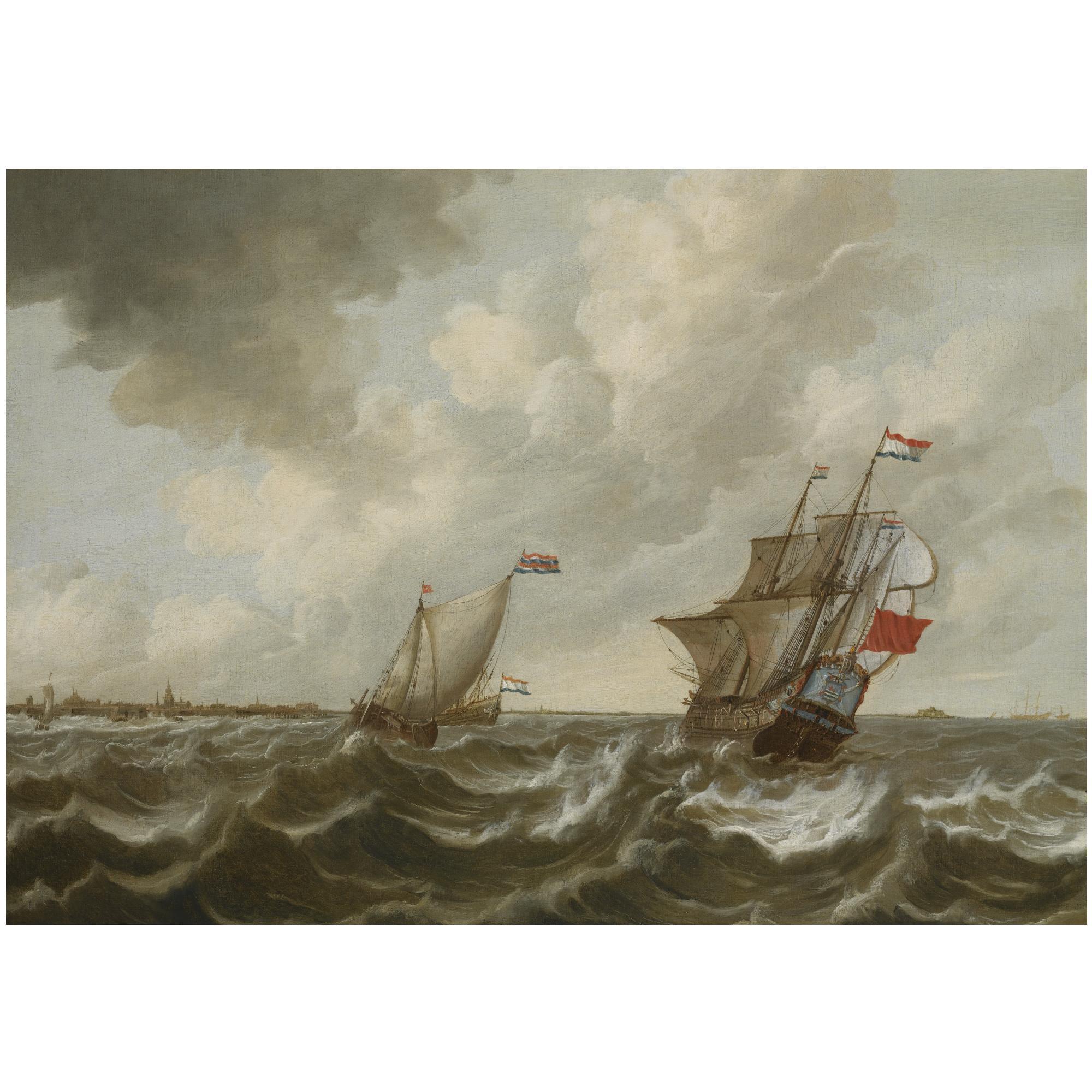 Pieter Jansz. Coopse - Dutch Shipping In Stormy Waters, Off The Coast Of Middelburg, With A View Of Vlissingen And The Fort Rammekens In The Distance