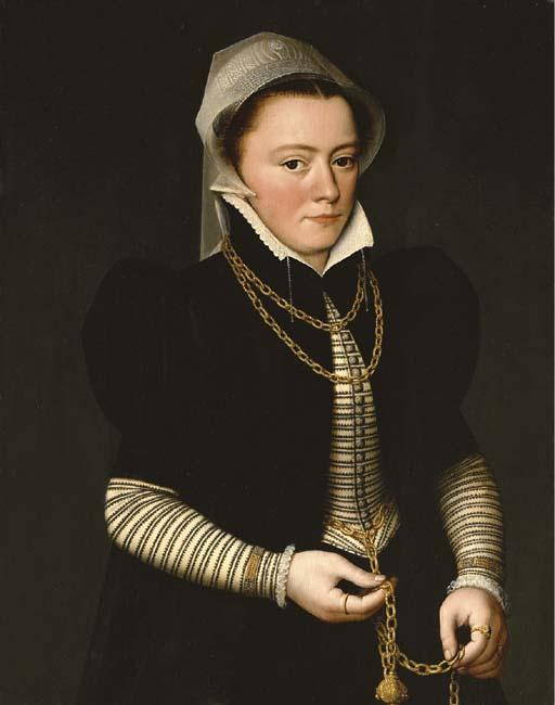 Pieter Jansz. Pourbus I - Portrait of a Lady, three-quarter length, wearing a striped bodice and black coat, holding a pomander on a gold chain