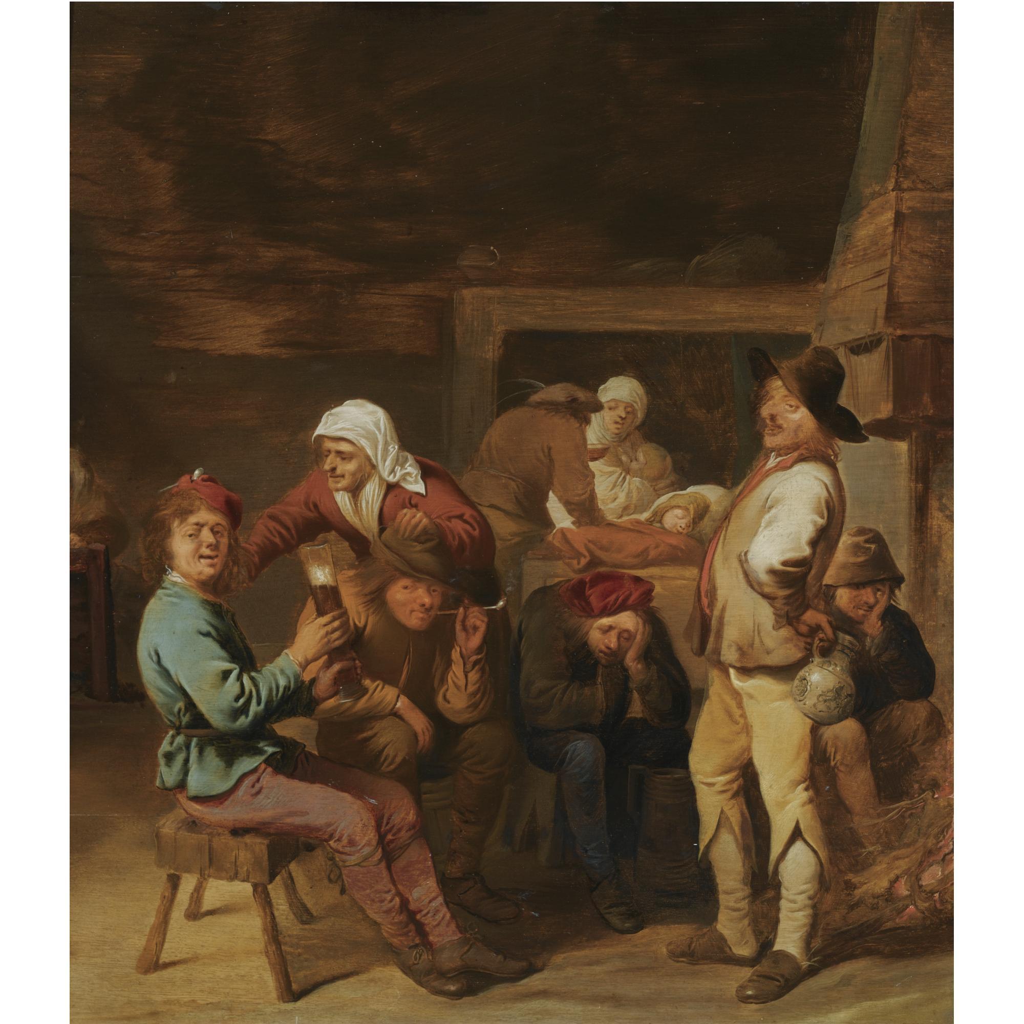 Pieter Jansz. Quast - A Barn Interior With Smoking And Drinking Peasants Beside A Fireplace, A Sleeping Child And A Mother Nursing Her Child In The Background