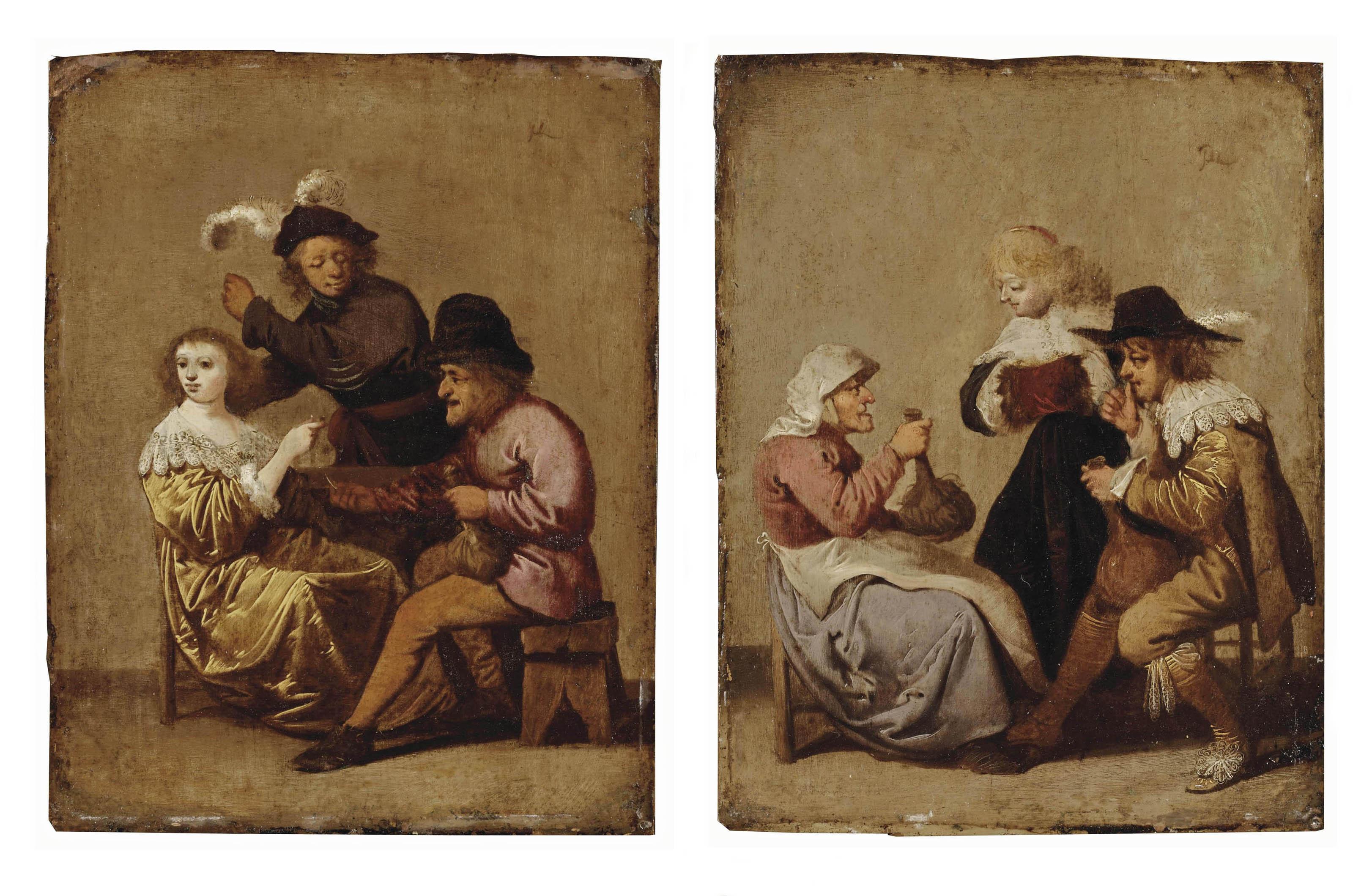Pieter Jansz. Quast - A drinking peasant courting a young lady with an angry young gentleman nearby; and A gentleman drinking with an old woman, a young lady nearby