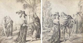 Pieter Jansz. Quast - An elegant lady giving alms to a beggarwoman, an amorous couple beyond; and An elegant company in a pleasure garden strewn with flowers