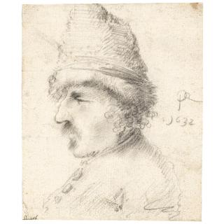 Pieter Jansz. Quast - Head And Shoulders Study Of A Moustachioed Man In Profile, Wearing A Tall Hat