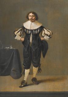 Pieter Jansz. Quast - Portrait Of A Man, Full-Length, In A Black Slashed Doublet And Breeches And A Ruff, Standing Beside A Table With Writing Implements