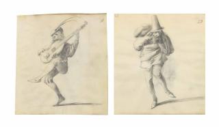 Pieter Jansz. Quast - Two Figure Drawings From A Sketchbook: A Vagabond Carrying A Parcel On His Back, And A Musician Playing A String Instrument
