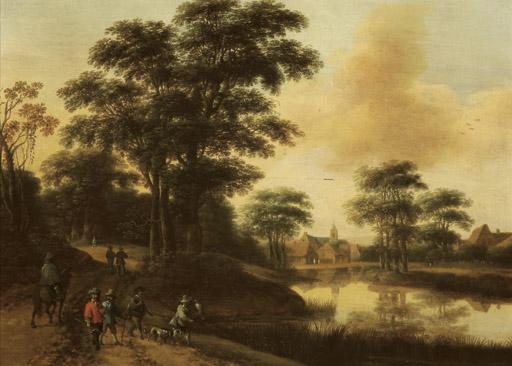 Pieter Jansz. van Asch - A hunting party near a lake, a village in the distance