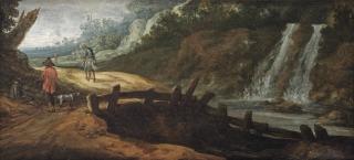 Pieter Jansz. van Asch - A rocky landscape with figures on a path, a waterfall to the right