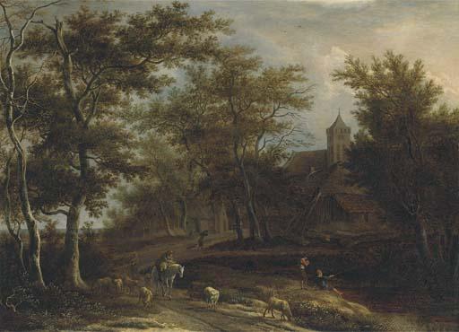 Pieter Jansz. van Asch - A wooded river landscape with a peasant on horseback, a shepherd with his flock and other peasants fishing outside a village