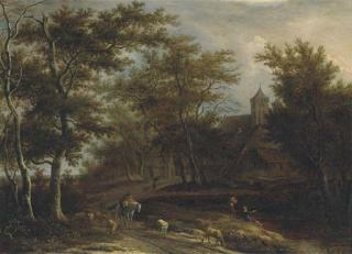 Pieter Jansz. van Asch - A wooded river landscape with a peasant on horseback, a shepherd with his flock and other peasants fishing outside a village