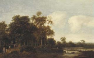 Pieter Jansz. Van Asch - A wooded river landscape with hunters on a path