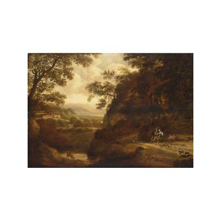 Pieter Jansz. van Asch - An Italianate Wooded Landscape With A Lady And A Sportsman Resting Under A Tree, A View Of A Temple And A Ruin Beyond