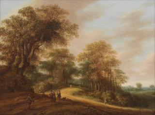 Pieter Jansz. van Asch - Wooded landscape with travellers and a falconer on a path