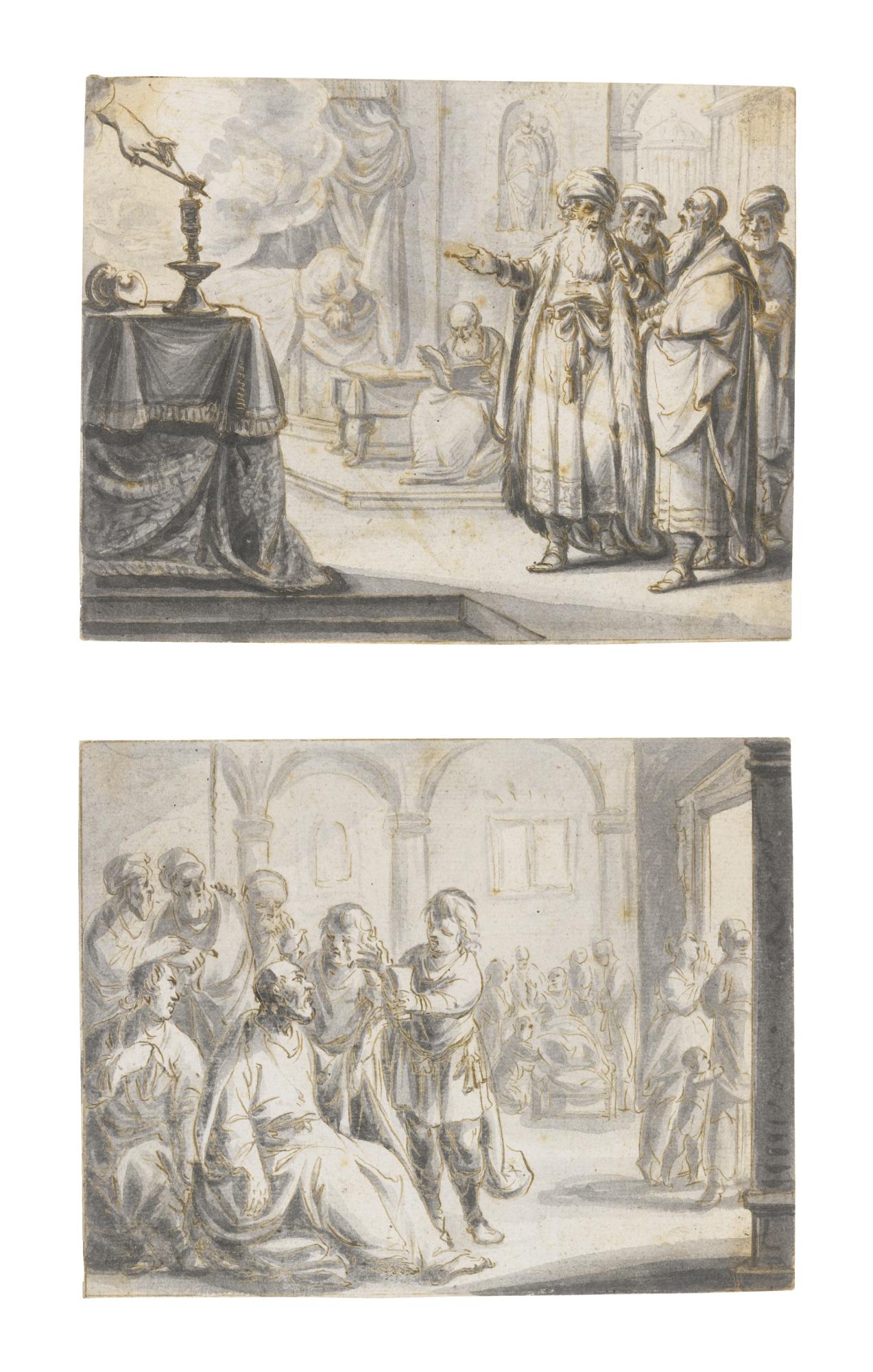 Pieter Jansz. - Two Illustration Drawings: Philosophers Discussing The Length Of Life; Socrates Being Handed The Cup Of Hemlock