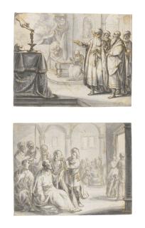 Pieter Jansz. - Two Illustration Drawings: Philosophers Discussing The Length Of Life; Socrates Being Handed The Cup Of Hemlock