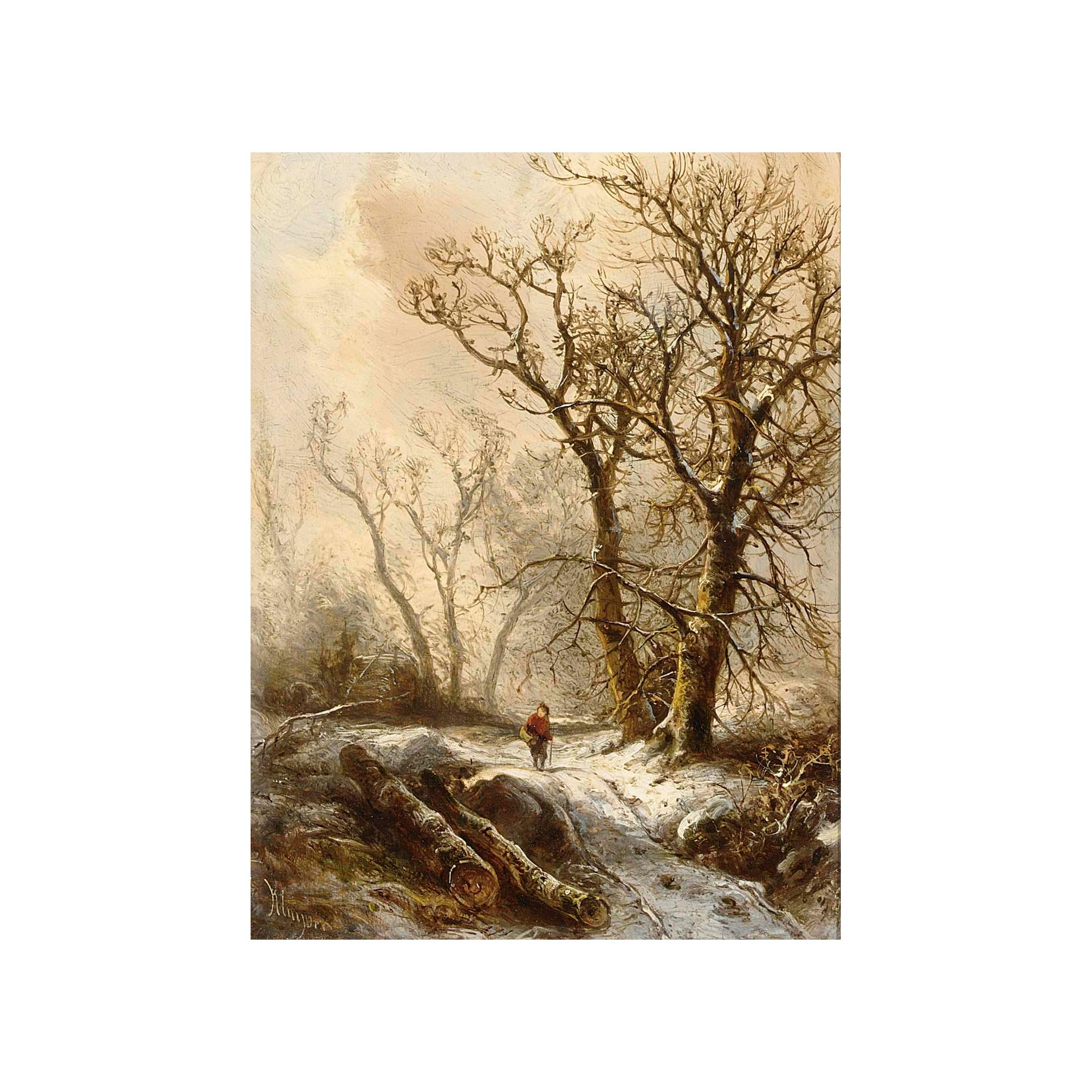 Pieter Lodewijk Francisco Kluyver - A Figure In A Snowy Forest Landscape