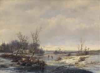 Pieter Lodewijk Francisco Kluyver - A panoramic winter landscape with skaters on the ice