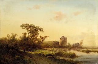 Pieter Lodewijk Francisco Kluyver - A Summer Landscape At Dusk With A Farm Beyond