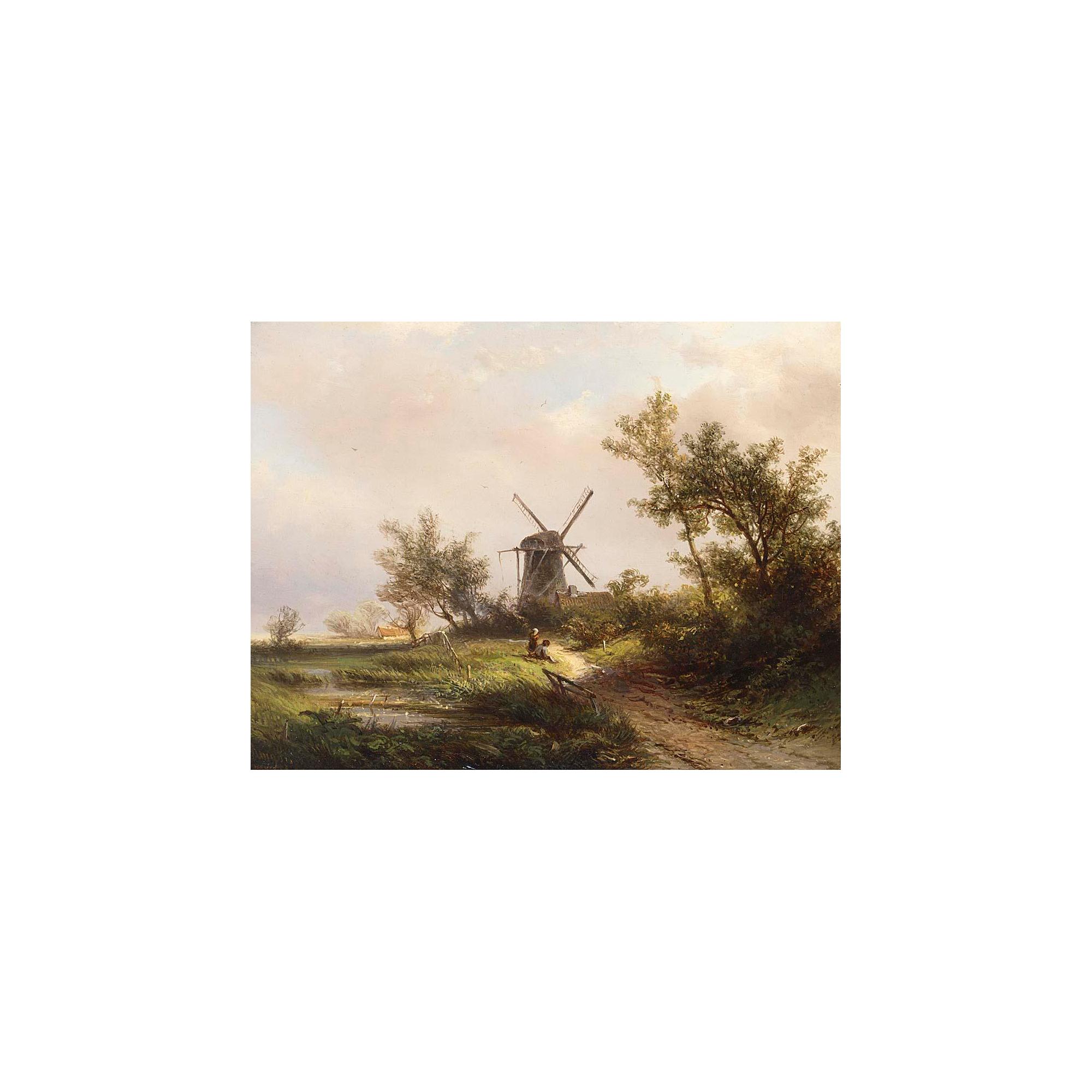 Pieter Lodewijk Francisco Kluyver - A Summer Landscape With Figures Near A Windmill