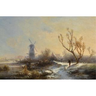 Pieter Lodewijk Francisco Kluyver - A Traveller In A Winter Landscape, A Windmill In The Distance