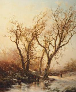 Pieter Lodewijk Francisco Kluyver - A winter landscape with figures on the ice
