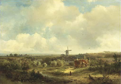 Pieter Lodewijk Francisco Kluyver - Figures in an extensive summer landscape, a windmill in the distance