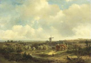 Pieter Lodewijk Francisco Kluyver - Figures in an extensive summer landscape, a windmill in the distance
