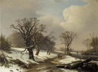 Pieter Lodewijk Francisco Kluyver - Peasants in a wooded summer landscape; Travellers in a wooded winter landscape