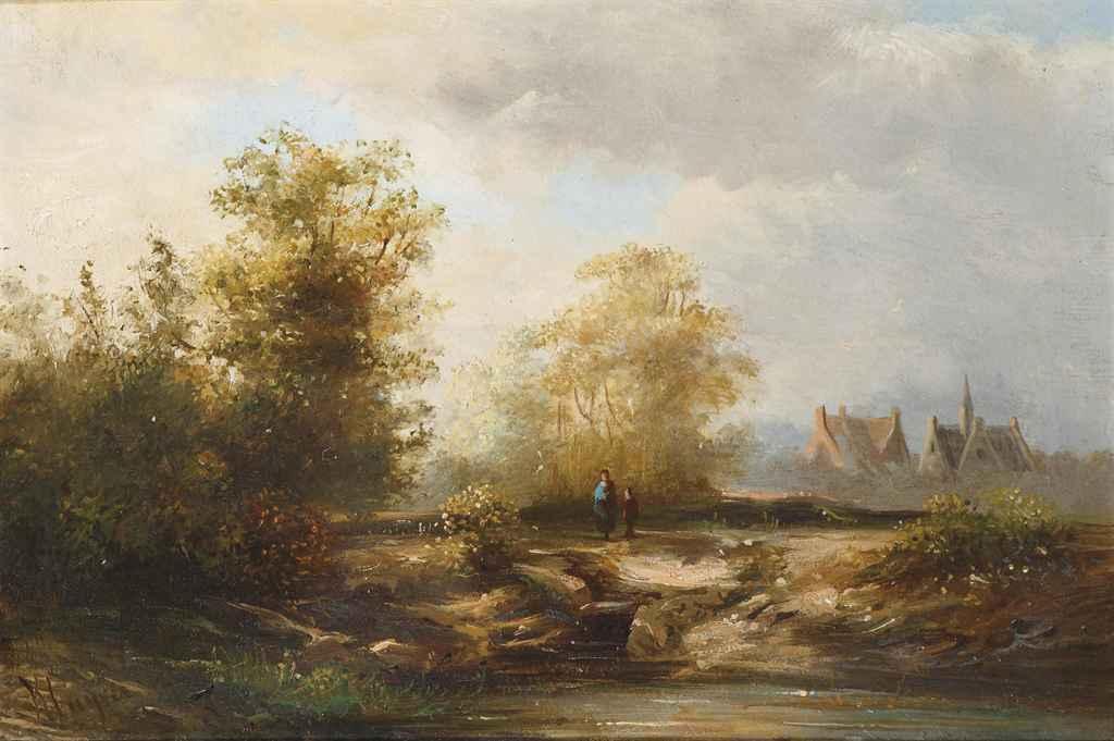Pieter Lodewijk Francisco Kluyver - Summer landscape with figures near a farmhouse