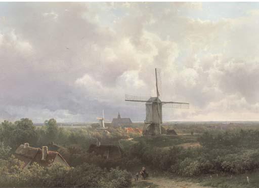 Pieter Lodewijk Francisco Kluyver - Windmills in a panoramic landscape in summer