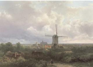 Pieter Lodewijk Francisco Kluyver - Windmills in a panoramic landscape in summer