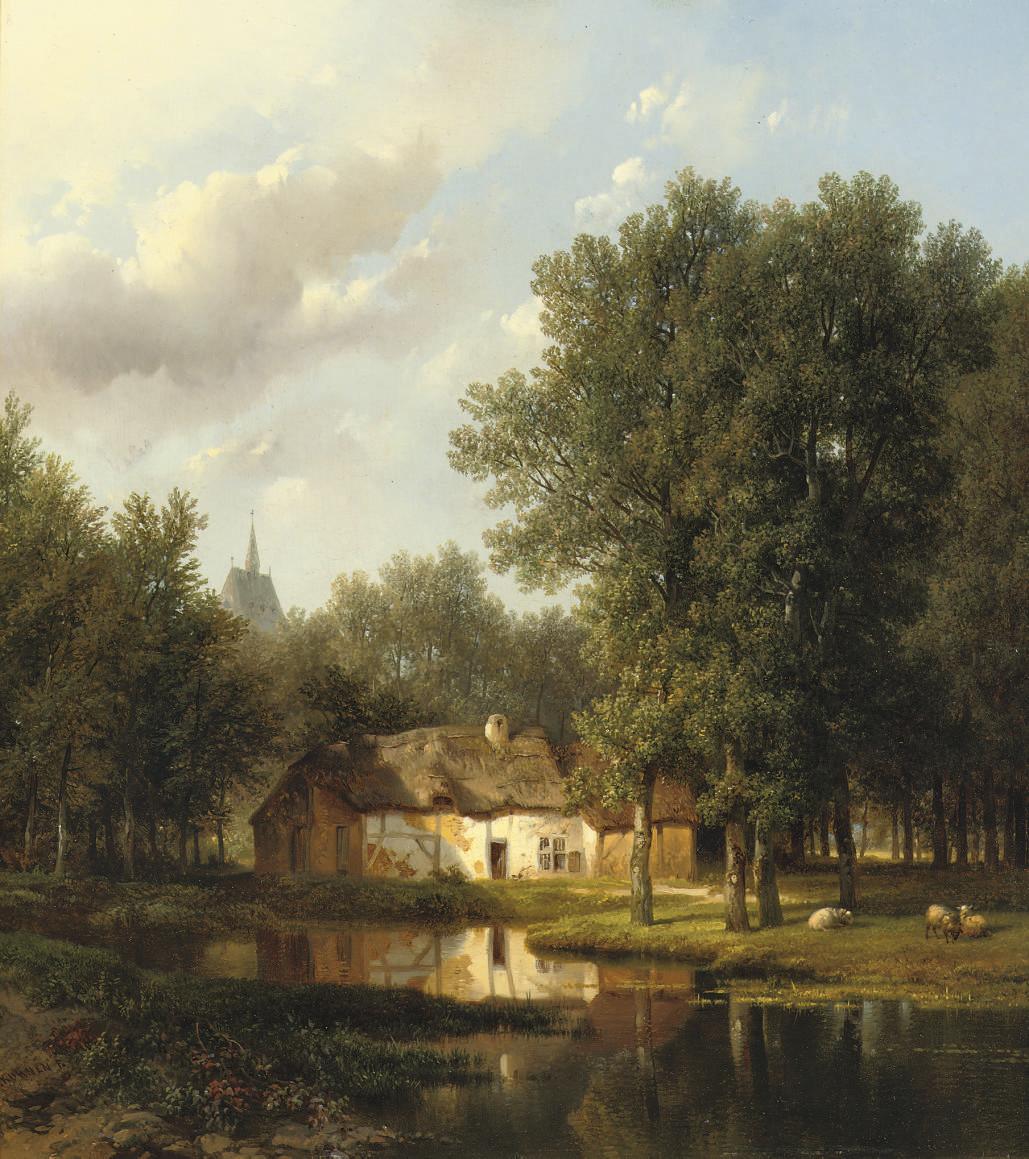Pieter Lodewijk Kuhnen - A sunlit cottage near a pond
