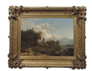 Pieter Lodewijk Kuhnen - Figures by a ruin in an extensive wooded landscape