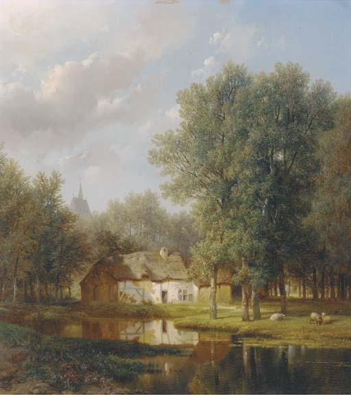 Pieter Lodewijk Kuhnen - Sheep before a farmhouse in a wooded river landscape