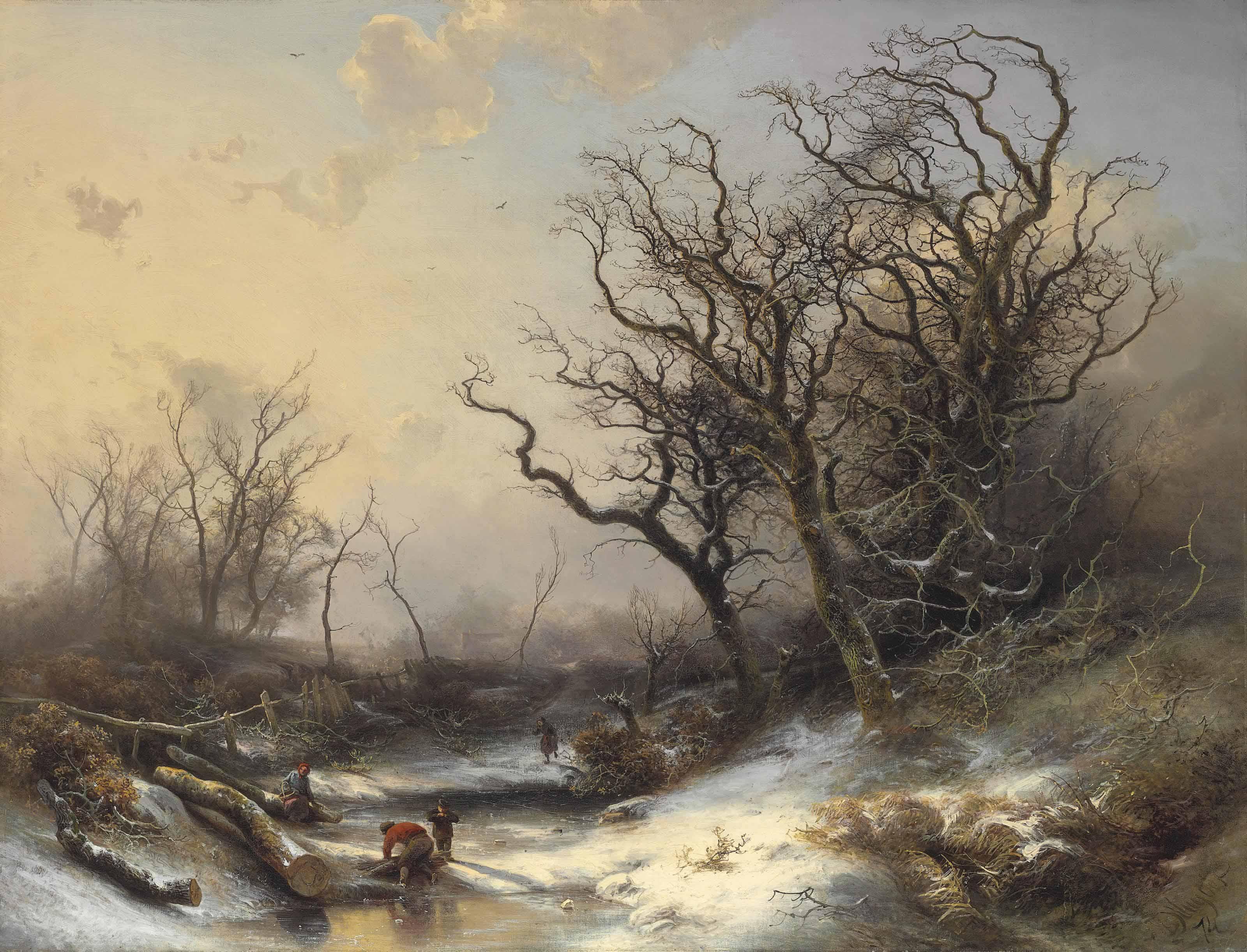 Pieter Lodewyk Francisco Kluyver - Wood Gatherers in a Snowy Landscape