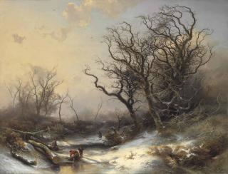 Pieter Lodewyk Francisco Kluyver - Wood Gatherers in a Snowy Landscape
