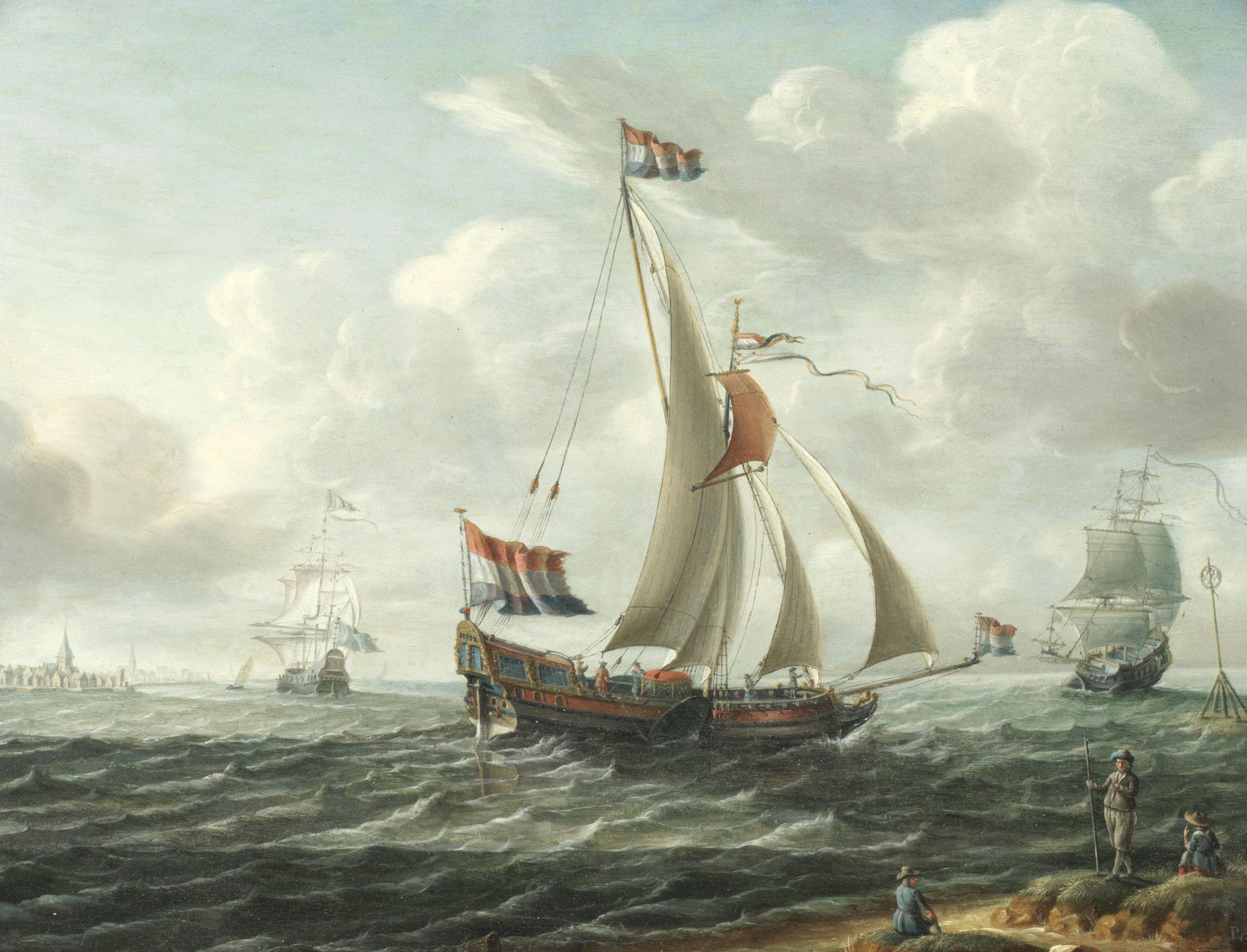 Pieter Lofvers - A Dutch Yacht And Other Shipping Off A Coast
