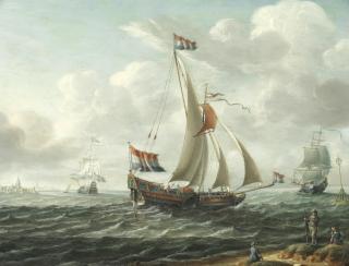 Pieter Lofvers - A Dutch Yacht And Other Shipping Off A Coast